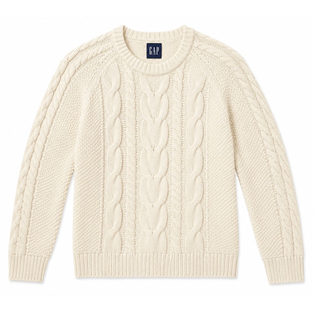 Gap Mens XL Cable Knit Sweater Cream Off White Crew Neck Pullover New Cotton
